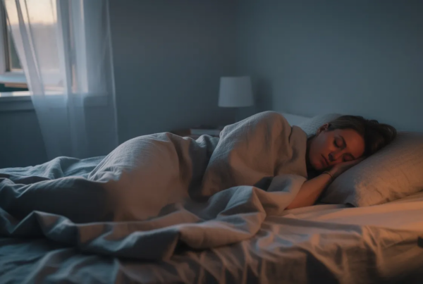 schlafende Frau in einem beigen Bett