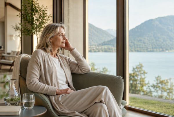 Frau sitzt entspannt in einem Sessel mit Blick auf den Tegernsee und die Berge, Sinnbild für Regeneration bei Erschöpfung trotz Urlaub in der MedVital Gesundheitsresidenz.