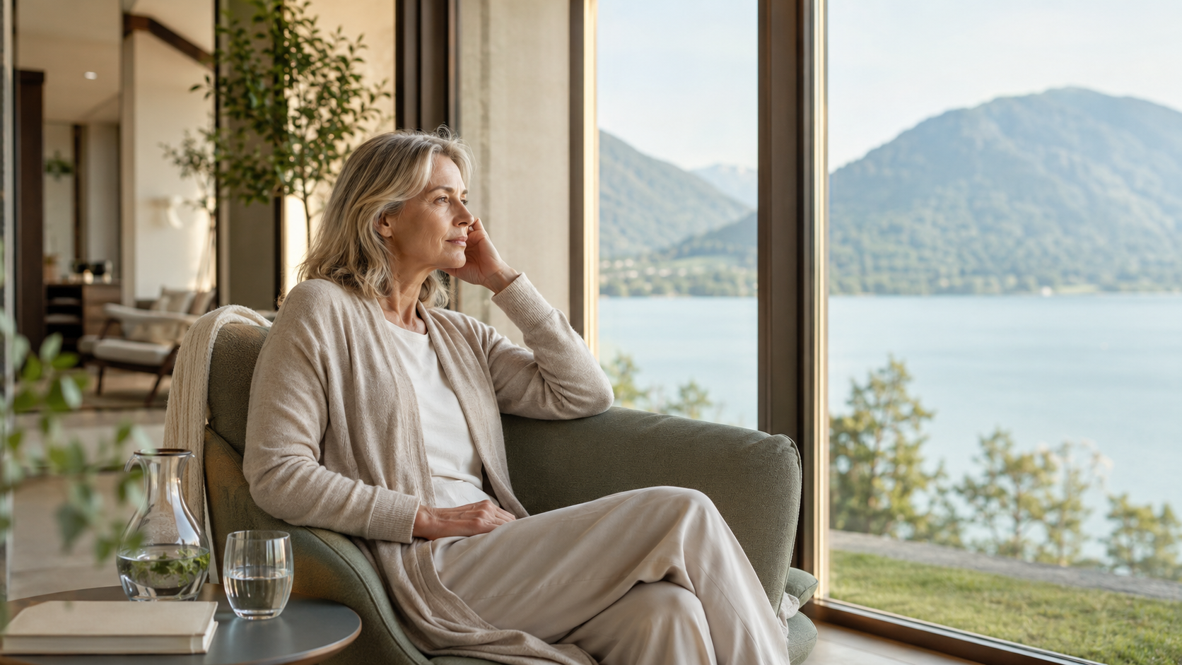 Frau sitzt entspannt in einem Sessel mit Blick auf den Tegernsee und die Berge, Sinnbild für Regeneration bei Erschöpfung trotz Urlaub in der MedVital Gesundheitsresidenz.