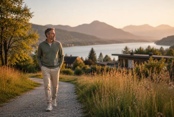 Mann bei einem ruhigen Spaziergang in der Natur am Tegernsee, als Symbol für Regeneration und innere Ruhe bei einem medizinisch begleiteten Gesundheitsurlaub.