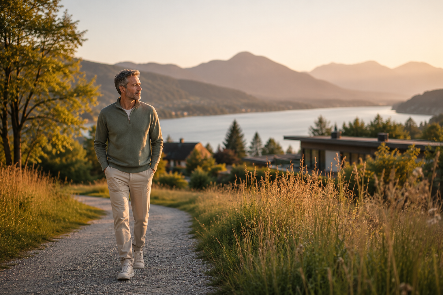 Mann bei einem ruhigen Spaziergang in der Natur am Tegernsee, als Symbol für Regeneration und innere Ruhe bei einem medizinisch begleiteten Gesundheitsurlaub.