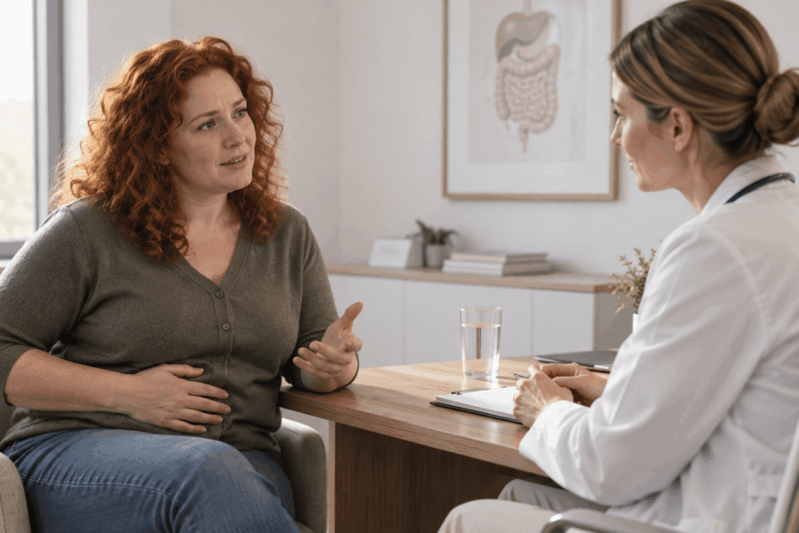 Patientin mit roten Locken im Arztgespräch wegen Reizdarm und Bauchbeschwerden in einer modernen Praxis.