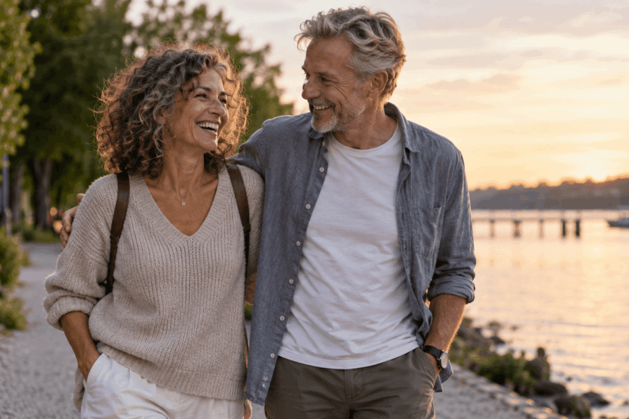 Vitales Paar mittleren Alters bei einem Spaziergang am See – Sinnbild für Gesundheit, Lebensqualität und Longevity
